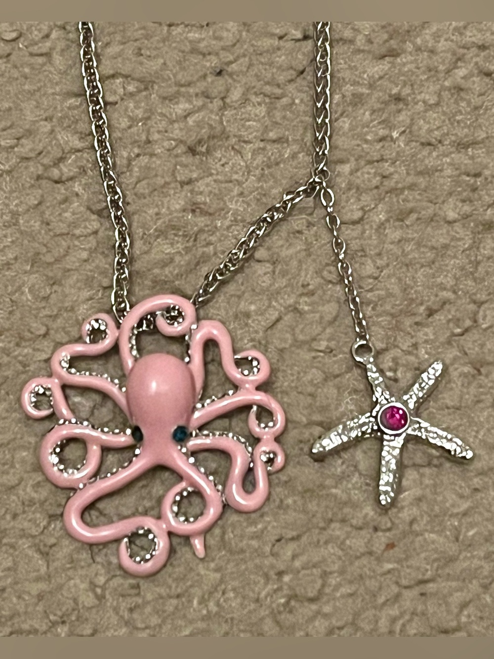 Betsey Johnson pink silvertone rhinestone octopus starfish necklace